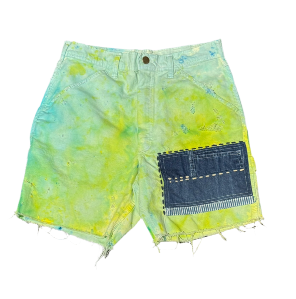 One of A Kind Distressed Patchwork Painter Short Size 30